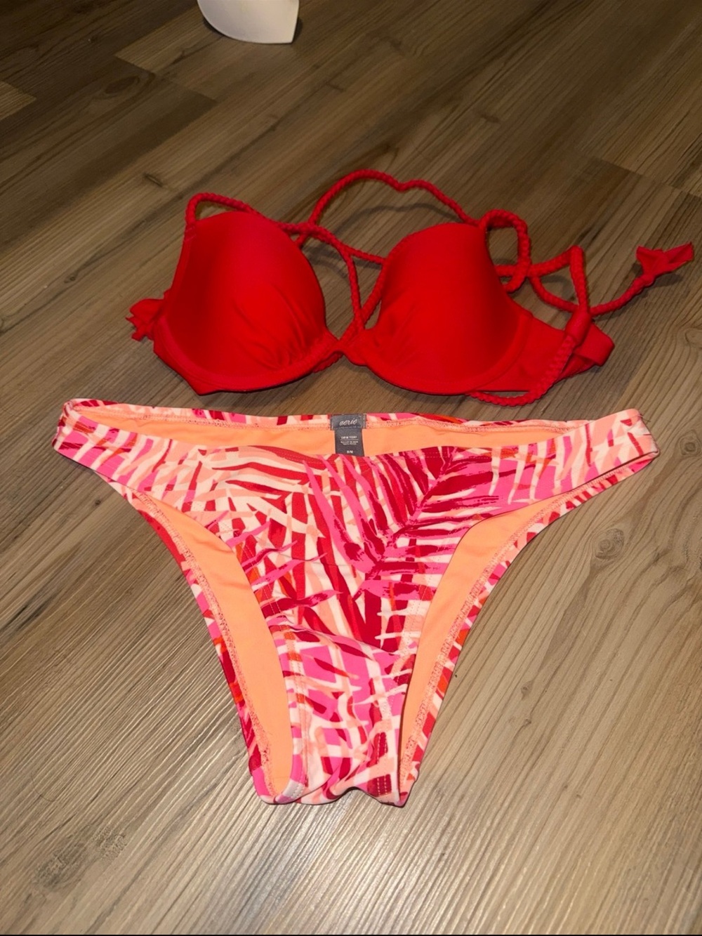 Women’s Red Push-Up Bikini Top with Pink-Print Swim Bottoms